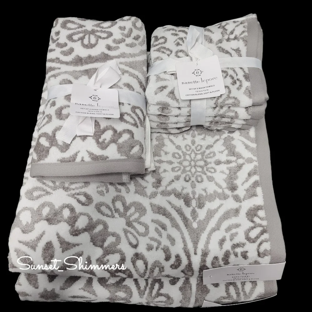 9pc Nanette Lapore Christmas Snowflake Damask Bath Hand Washcloth Towel Set New